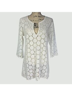 Jordan Taylor Tunic Women Size Large White Circular Eyelets Coastal Cover Up Top